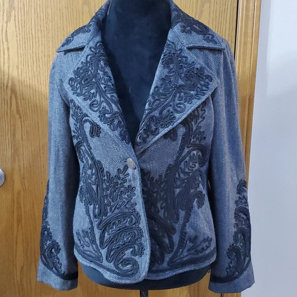Soft surroundings wool blend applique black grey blazer